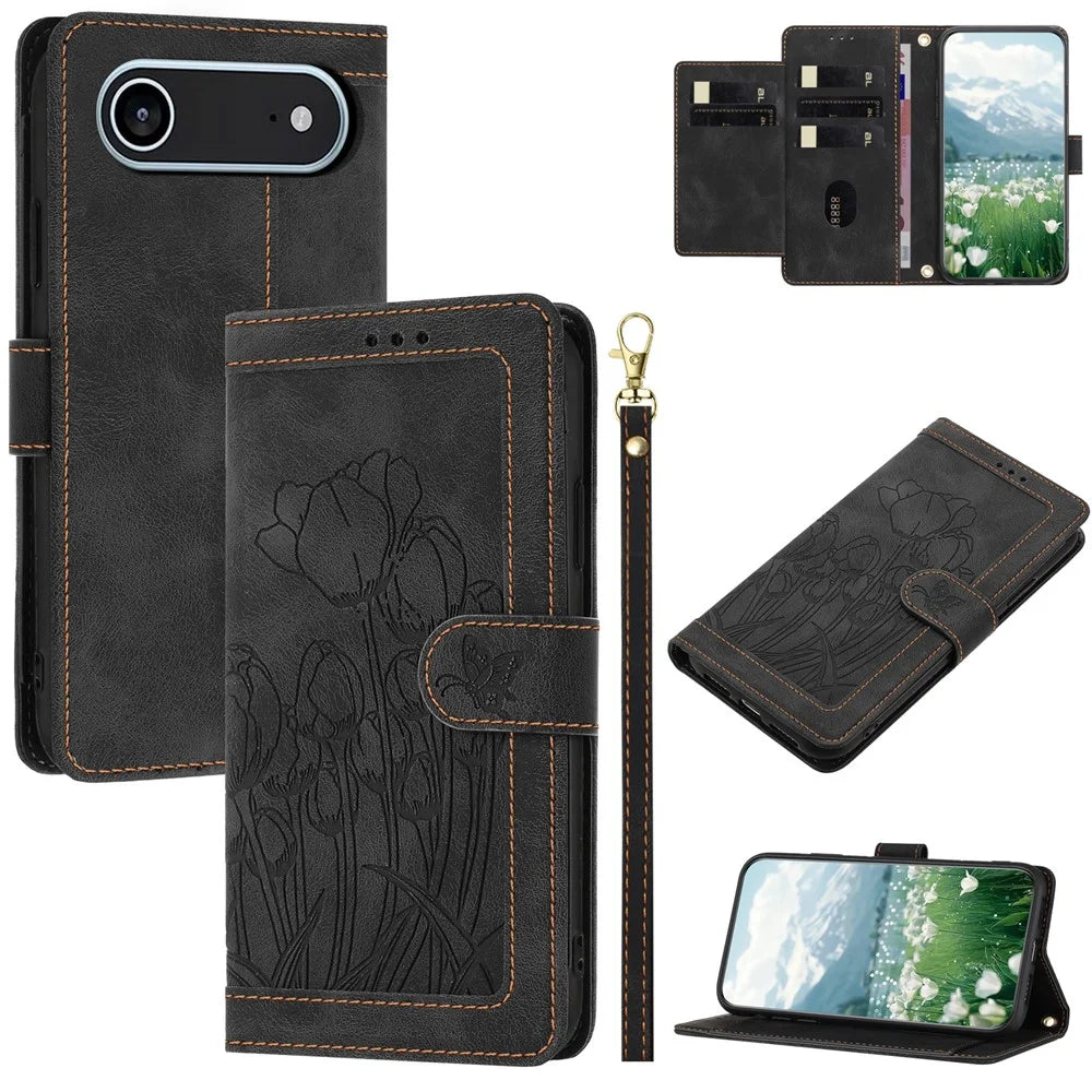 For iPhone Air Case Tulip Leather Phone Cover with 5 Card Slots Wallet - Black - 1