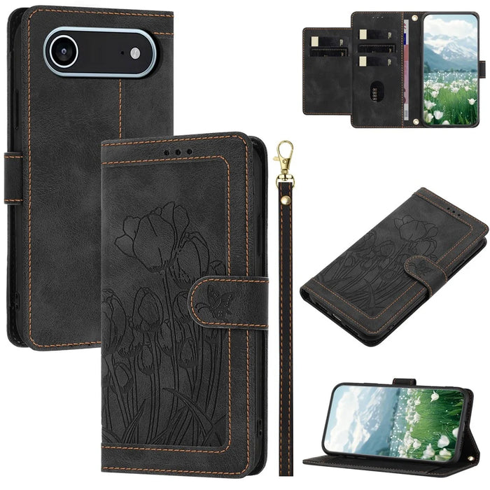 For iPhone Air Case Tulip Leather Phone Cover with 5 Card Slots Wallet - Black - 1