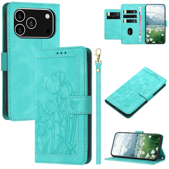 For iPhone 17 Pro Case Tulip Leather Phone Cover with 5 Card Slots Wallet - Green - 1