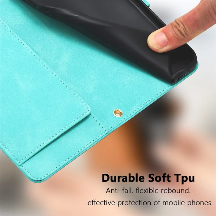 For iPhone 17 Pro Case Tulip Leather Phone Cover with 5 Card Slots Wallet - Green - 7