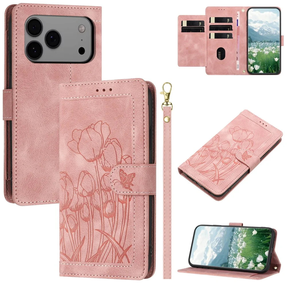 For iPhone 17 Pro Max Case Tulip Leather Phone Cover with 5 Card Slots Wallet - Pink - 1