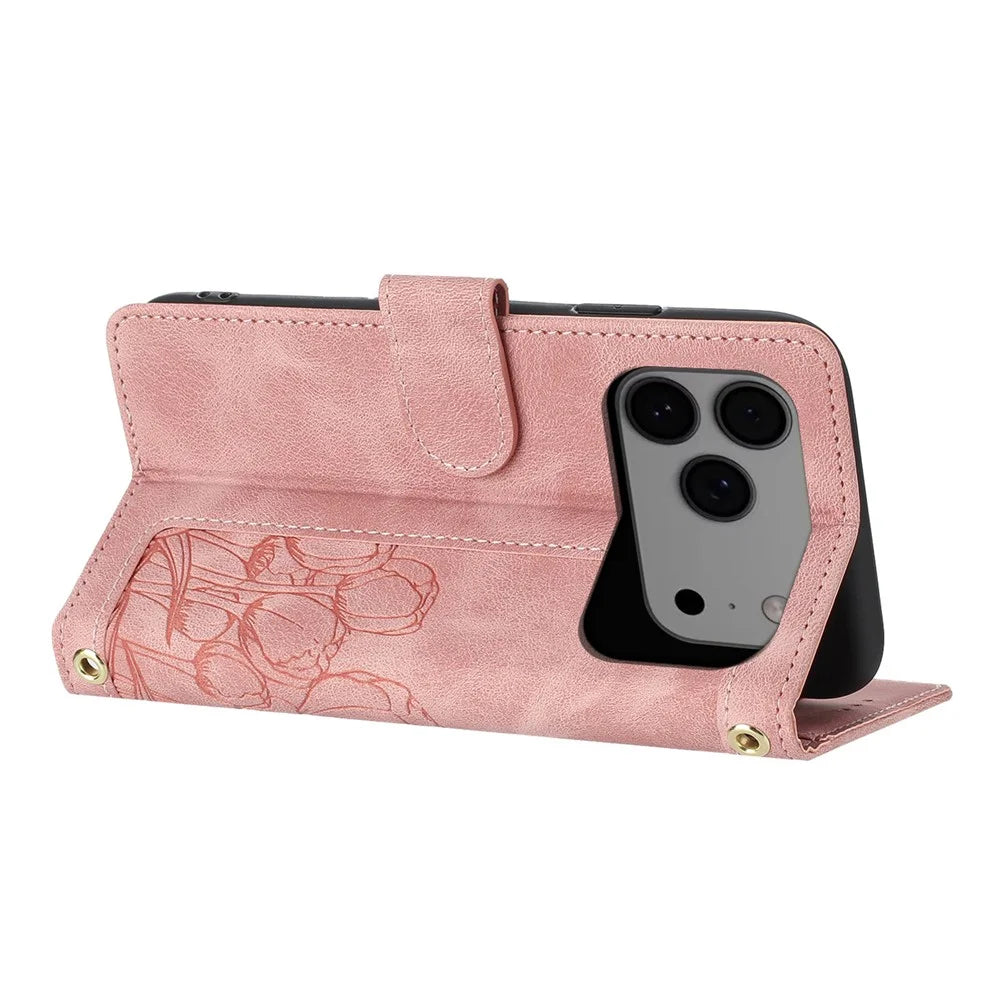 For iPhone 17 Pro Max Case Tulip Leather Phone Cover with 5 Card Slots Wallet - Pink - 3