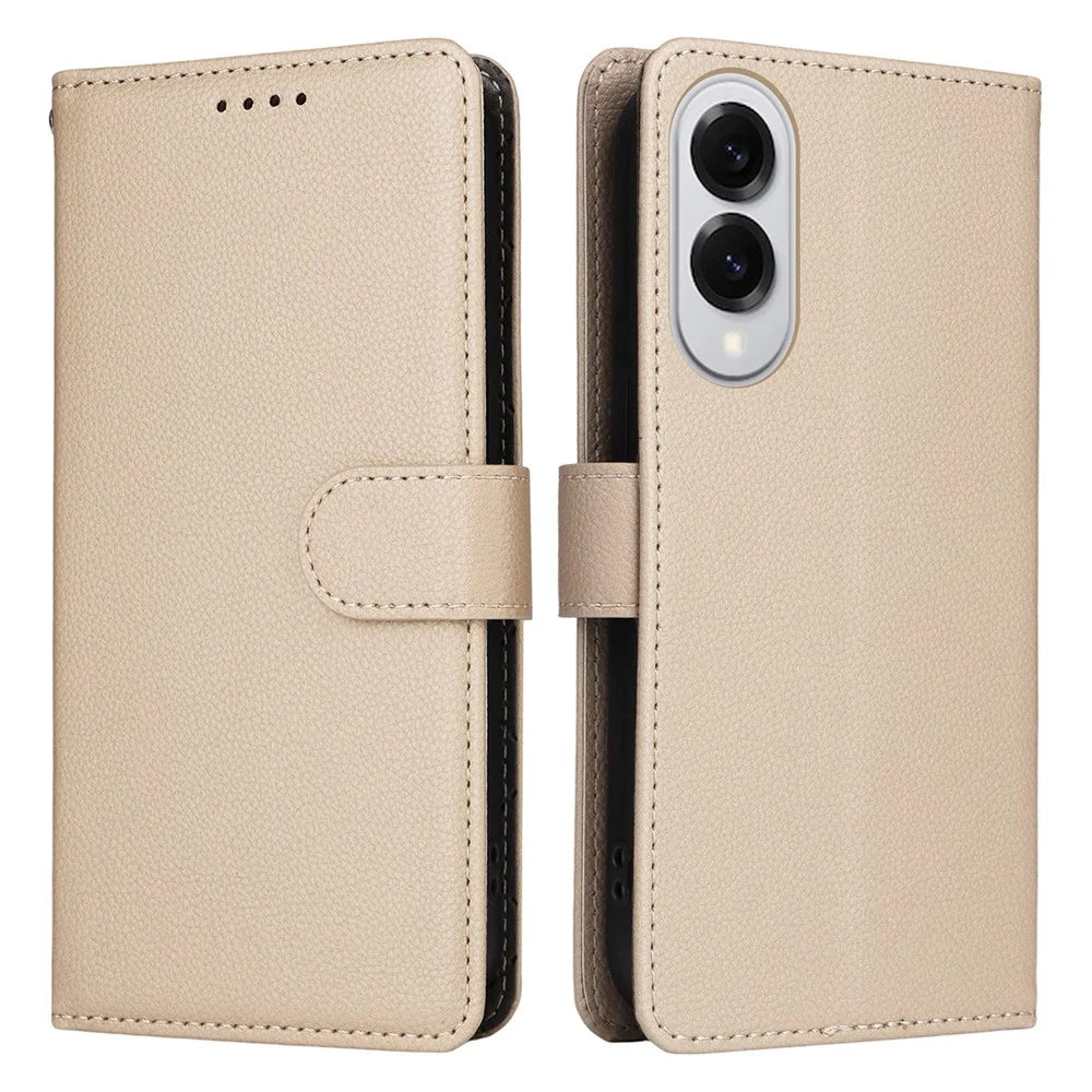 For Samsung Galaxy S25 Edge Case RFID Blocking 3 Card Slots PU Leather Phone Cover with Wrist Strap - Beige - 1