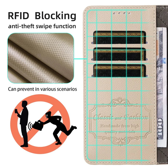 For Samsung Galaxy S25 Edge Case RFID Blocking 3 Card Slots PU Leather Phone Cover with Wrist Strap - Beige - 2