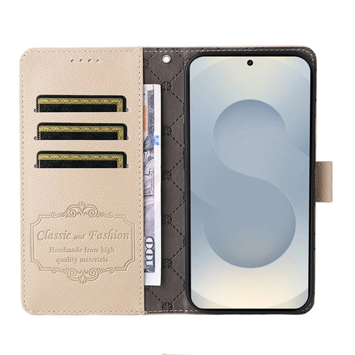 For Samsung Galaxy S25 Edge Case RFID Blocking 3 Card Slots PU Leather Phone Cover with Wrist Strap - Beige - 3