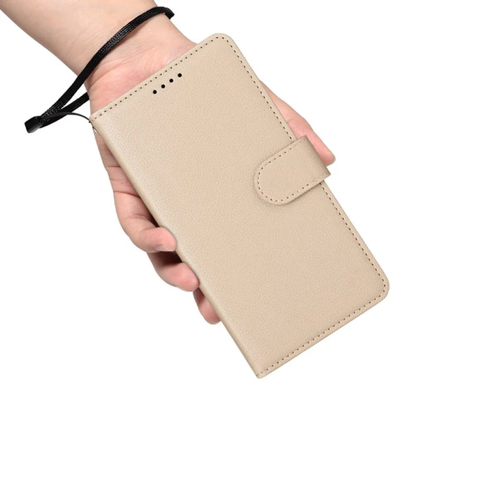 For Samsung Galaxy S25 Edge Case RFID Blocking 3 Card Slots PU Leather Phone Cover with Wrist Strap - Beige - 6