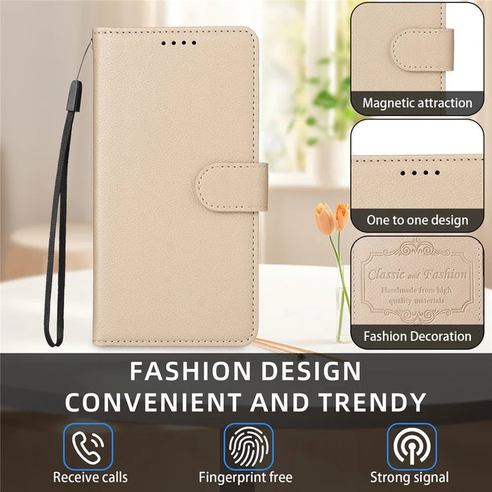 For Samsung Galaxy S25 Edge Case RFID Blocking 3 Card Slots PU Leather Phone Cover with Wrist Strap - Beige - 7