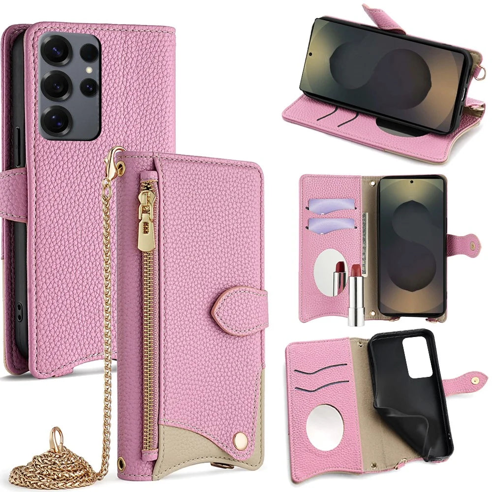 For Samsung Galaxy S25 Ultra Wallet Case Fishtail Design Leather Phone Cover with Mirror / Stand /  Strap - Pink - 1