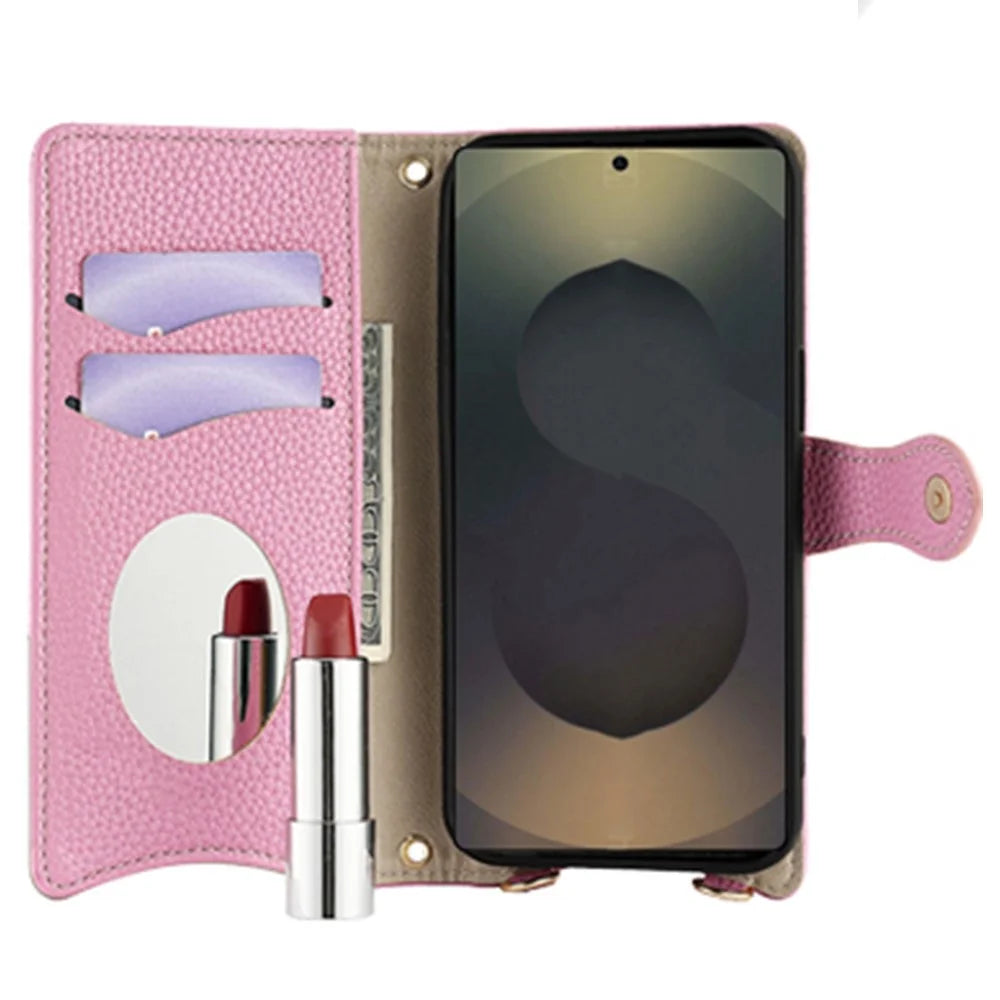 For Samsung Galaxy S25 Ultra Wallet Case Fishtail Design Leather Phone Cover with Mirror / Stand /  Strap - Pink - 3