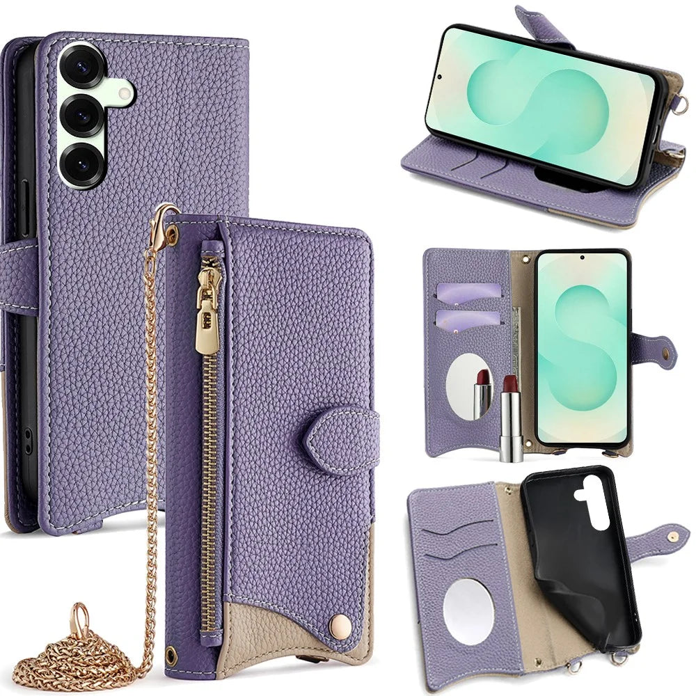 For Samsung Galaxy S25+ Wallet Case Fishtail Design Leather Phone Cover with Mirror / Stand / Strap - Purple - 1
