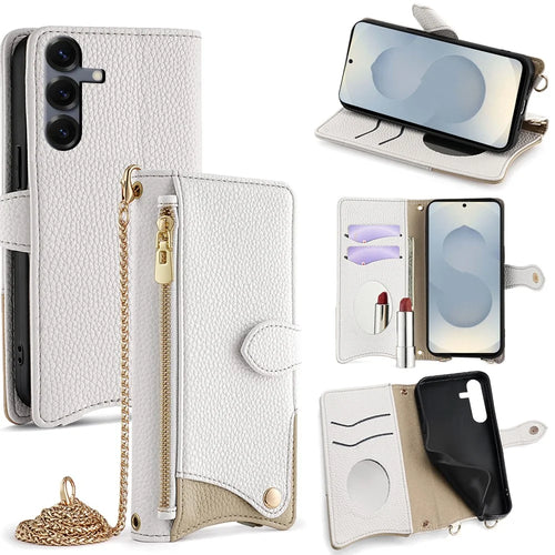 For Samsung Galaxy S25 Wallet Case Fishtail Design Leather Phone Cover with Mirror / Stand / Strap - White - 1