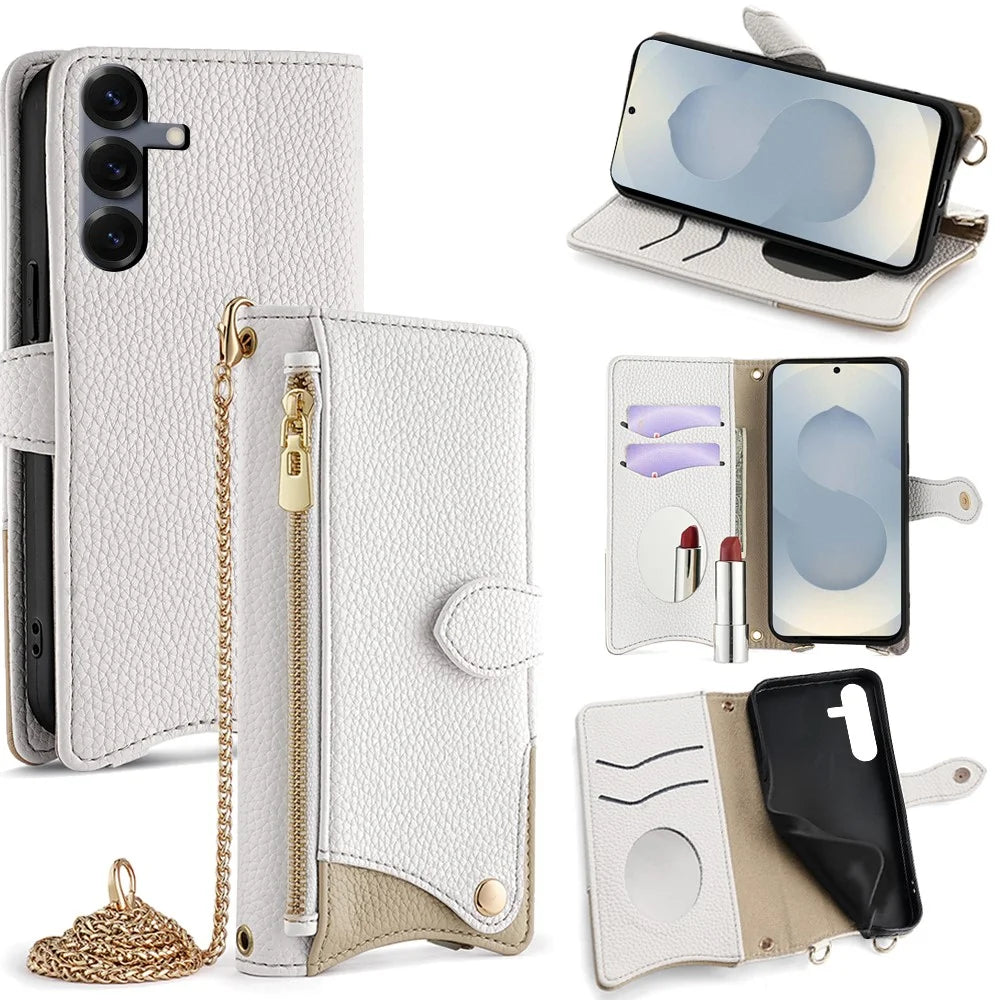 For Samsung Galaxy S25 Wallet Case Fishtail Design Leather Phone Cover with Mirror / Stand / Strap - White - 1