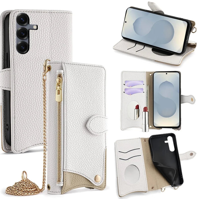 For Samsung Galaxy S25 Wallet Case Fishtail Design Leather Phone Cover with Mirror / Stand / Strap - White - 1