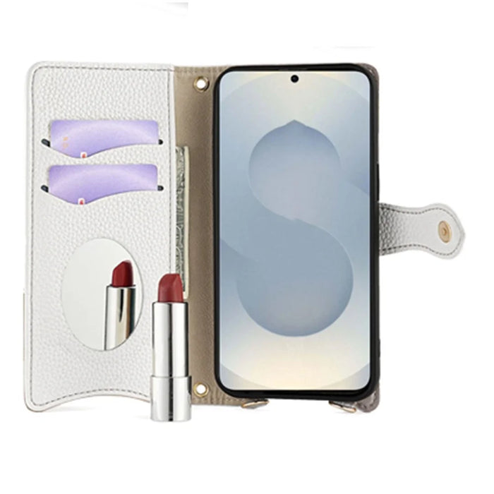 For Samsung Galaxy S25 Wallet Case Fishtail Design Leather Phone Cover with Mirror / Stand / Strap - White - 3