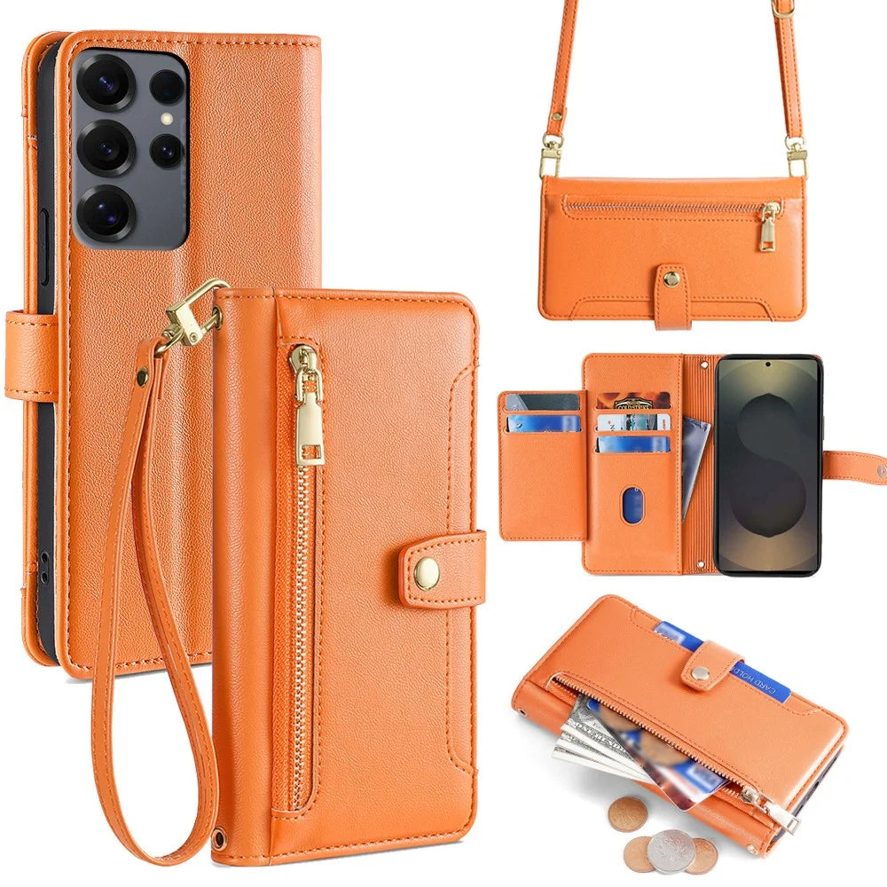 For Samsung Galaxy S25 Ultra Leather Case Zipper Pocket Wallet Phone Cover with 2 Straps - Orange - 1