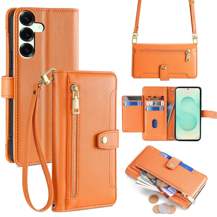 For Samsung Galaxy S25+ Leather Case Zipper Pocket Wallet Phone Cover with 2 Straps - Orange - 1
