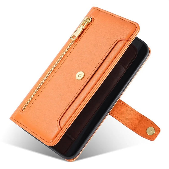 For Samsung Galaxy S25+ Leather Case Zipper Pocket Wallet Phone Cover with 2 Straps - Orange - 5