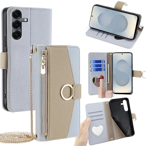 For Samsung Galaxy S25 Case Mirror Wallet Leather Phone Cover with Chain Shoulder Strap - Blue - 1