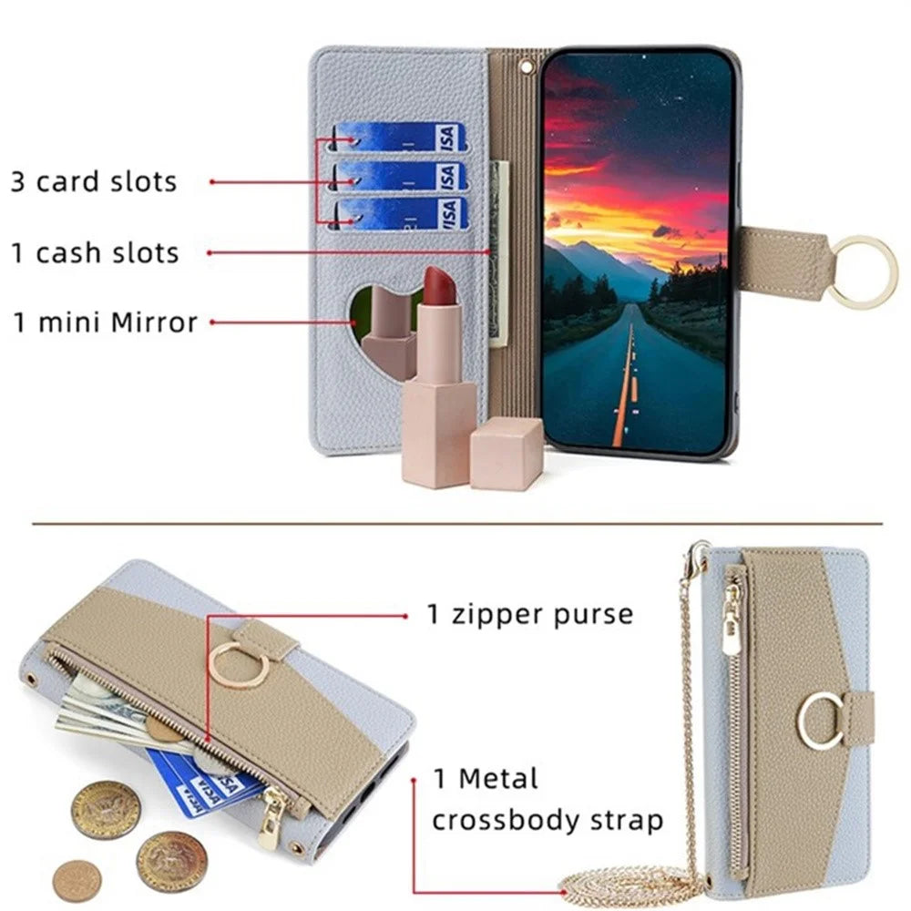 For Samsung Galaxy S25 Case Mirror Wallet Leather Phone Cover with Chain Shoulder Strap - Blue - 4