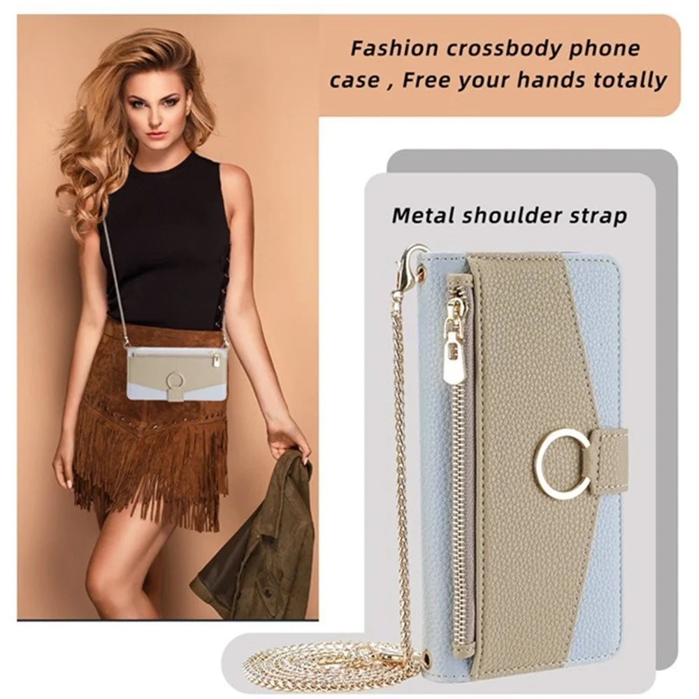 For Samsung Galaxy S25 Case Mirror Wallet Leather Phone Cover with Chain Shoulder Strap - Blue - 7