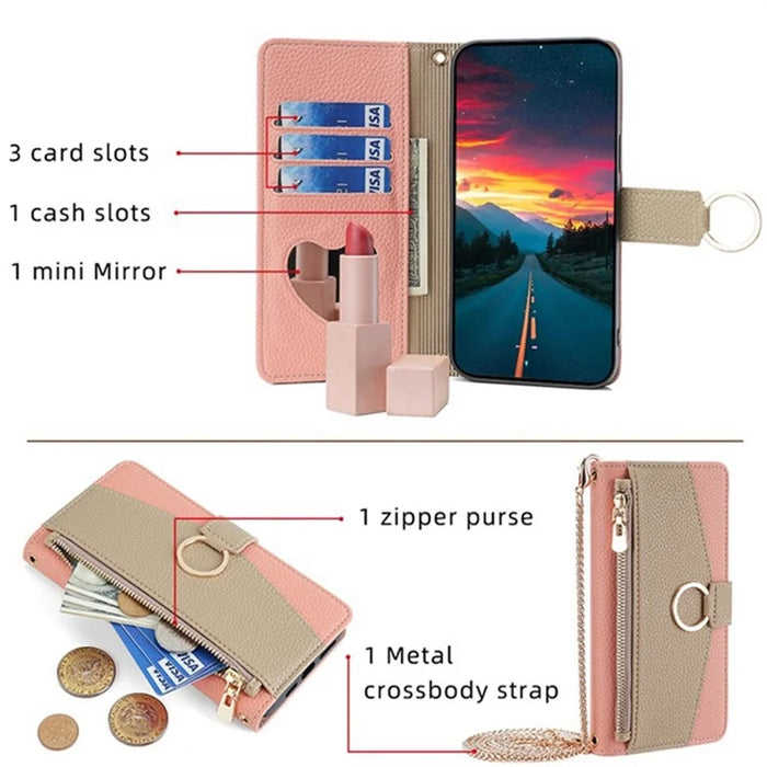 For Samsung Galaxy S25+ Case Mirror Wallet Leather Phone Cover with Chain Shoulder Strap - Pink - 4