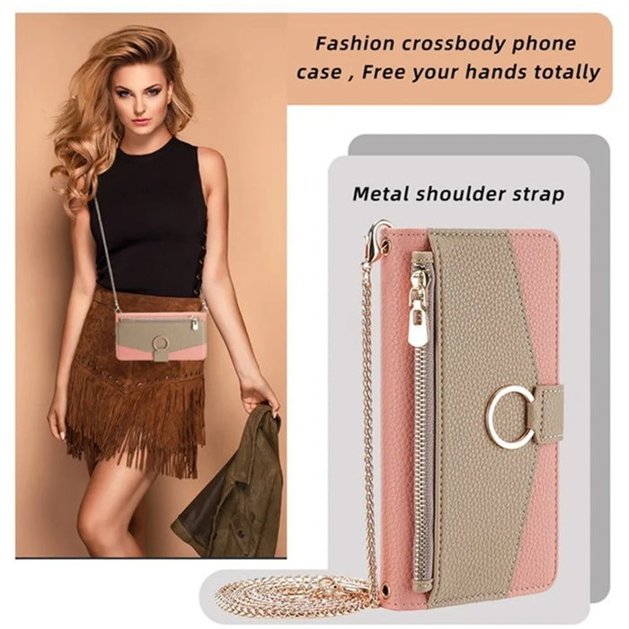For Samsung Galaxy S25+ Case Mirror Wallet Leather Phone Cover with Chain Shoulder Strap - Pink - 7