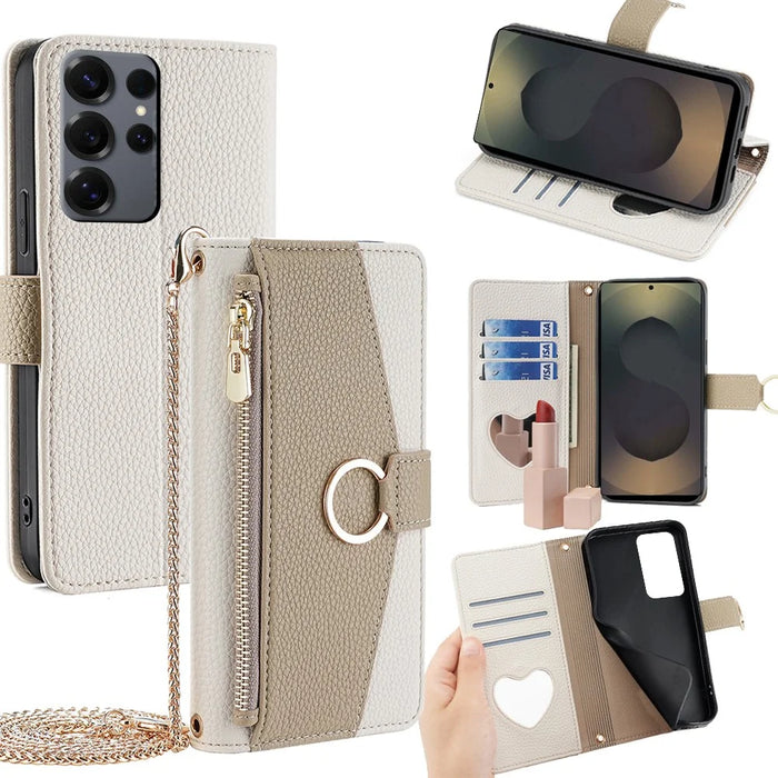 For Samsung Galaxy S25 Ultra Case Mirror Wallet Leather Phone Cover with Chain Shoulder Strap - White - 1