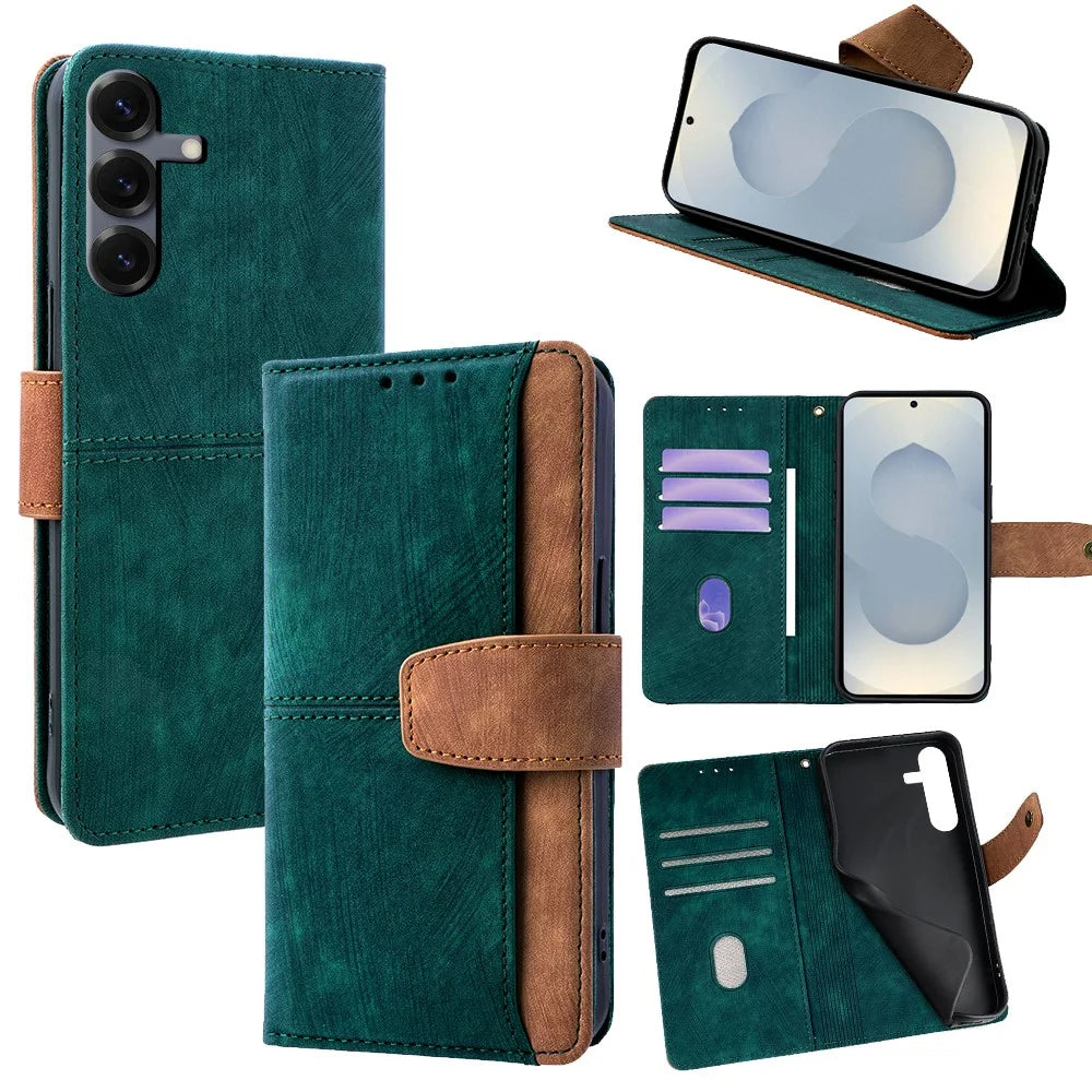 For Samsung Galaxy S25 Case RFID Blocking Color Splicing PU Leather Wallet Phone Cover - Green - 1