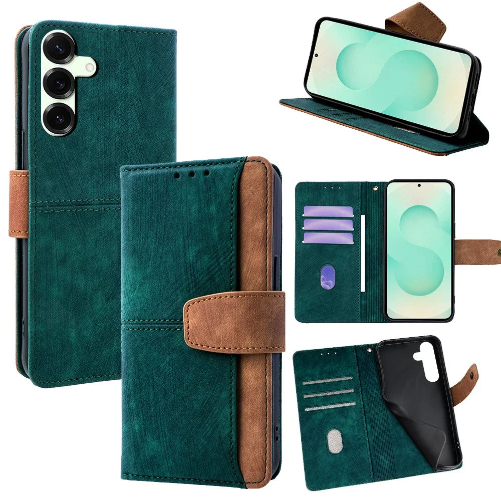 For Samsung Galaxy S25+ Case RFID Blocking Color Splicing PU Leather Wallet Phone Cover - Green - 1