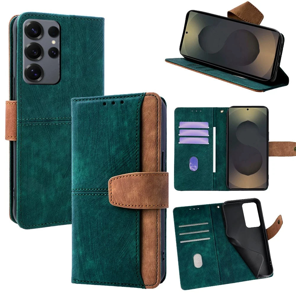 For Samsung Galaxy S25 Ultra Case RFID Blocking Color Splicing PU Leather Wallet Phone Cover - Green - 1