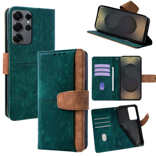 For Samsung Galaxy S25 Ultra Case RFID Blocking Color Splicing PU Leather Wallet Phone Cover - Green - 1