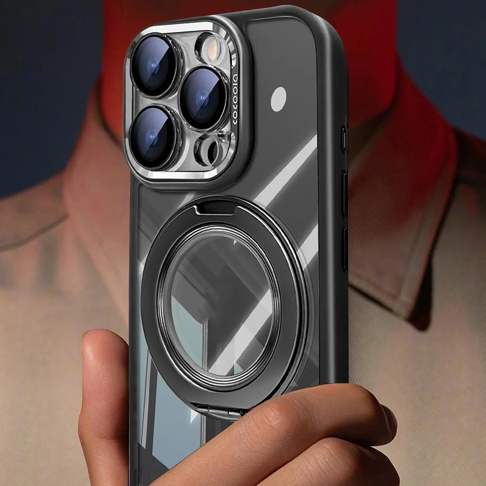 For iPhone 16 Pro Max Case Magnetic Rotating Kickstand PC + TPU Phone Cover with Detachable Camera Lens Film - Grey - 3