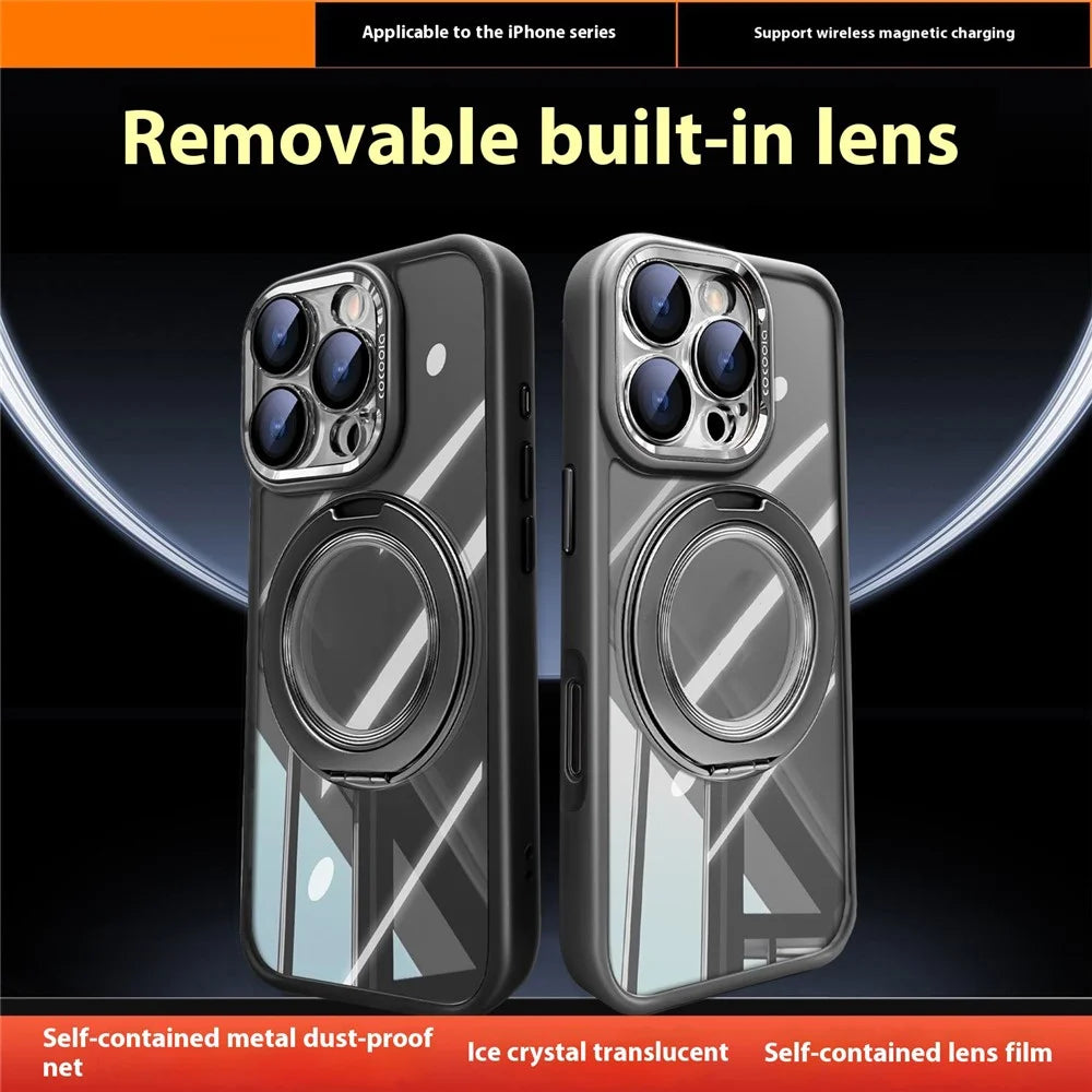 For iPhone 16 Pro Max Case Magnetic Rotating Kickstand PC + TPU Phone Cover with Detachable Camera Lens Film - Grey - 5