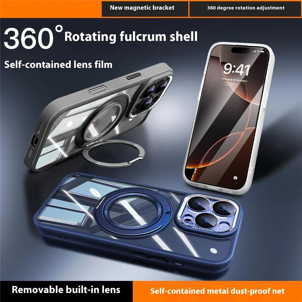 For iPhone 16 Pro Max Case Magnetic Rotating Kickstand PC + TPU Phone Cover with Detachable Camera Lens Film - Grey - 6