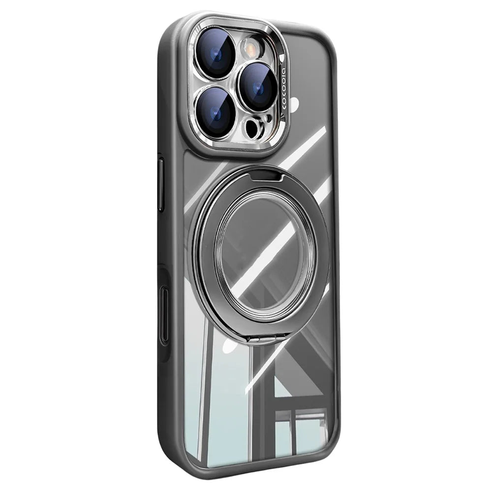 For iPhone 16 Pro Case Magnetic Rotating Kickstand PC + TPU Phone Cover with Detachable Camera Lens Film - Grey - 1