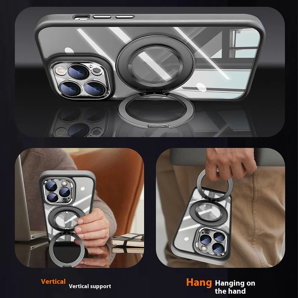 For iPhone 16 Pro Case Magnetic Rotating Kickstand PC + TPU Phone Cover with Detachable Camera Lens Film - Grey - 2