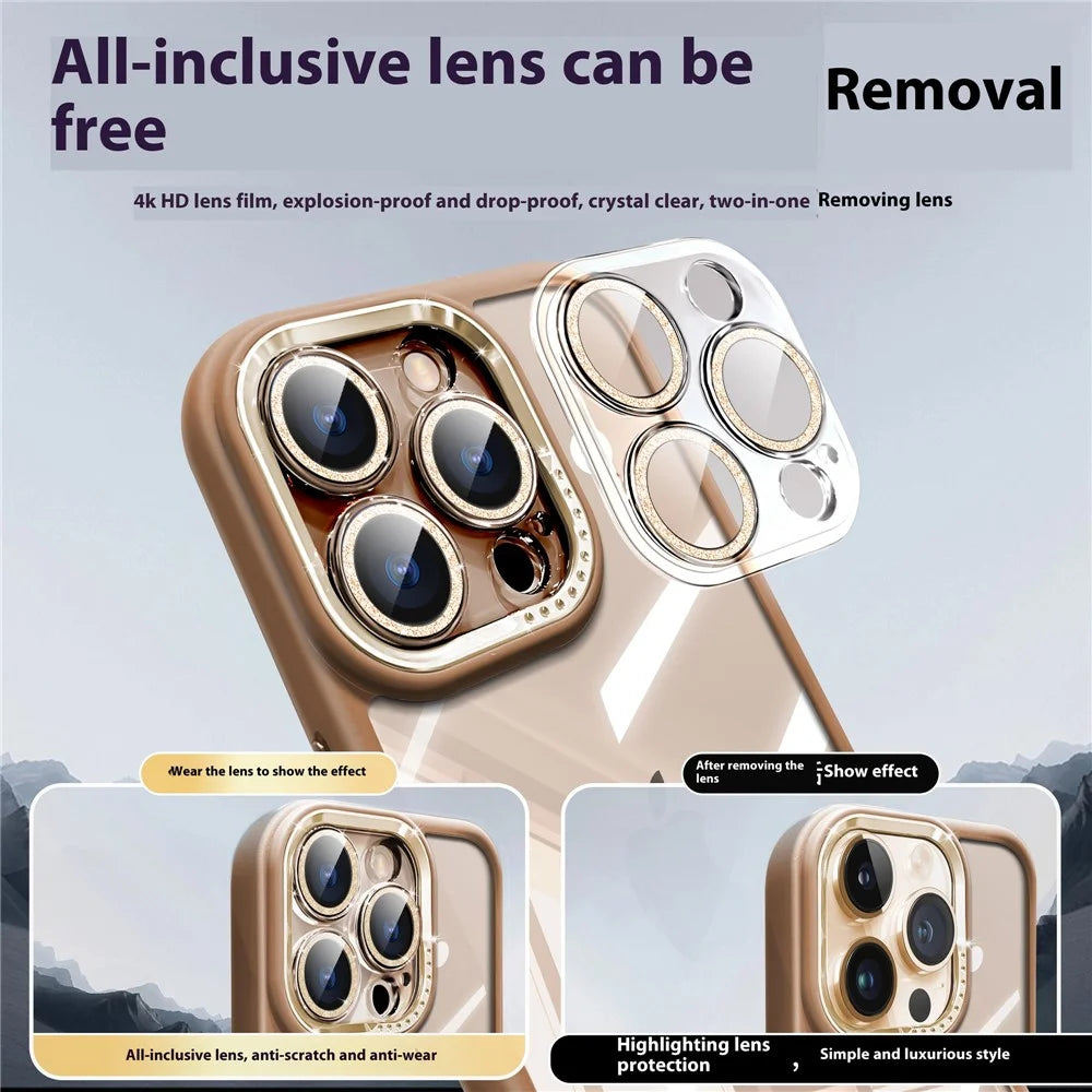 For iPhone 16 Pro Case PC + TPU Clear Phone Cover with Glitter Camera Lens Film - Titanium Gold - 3