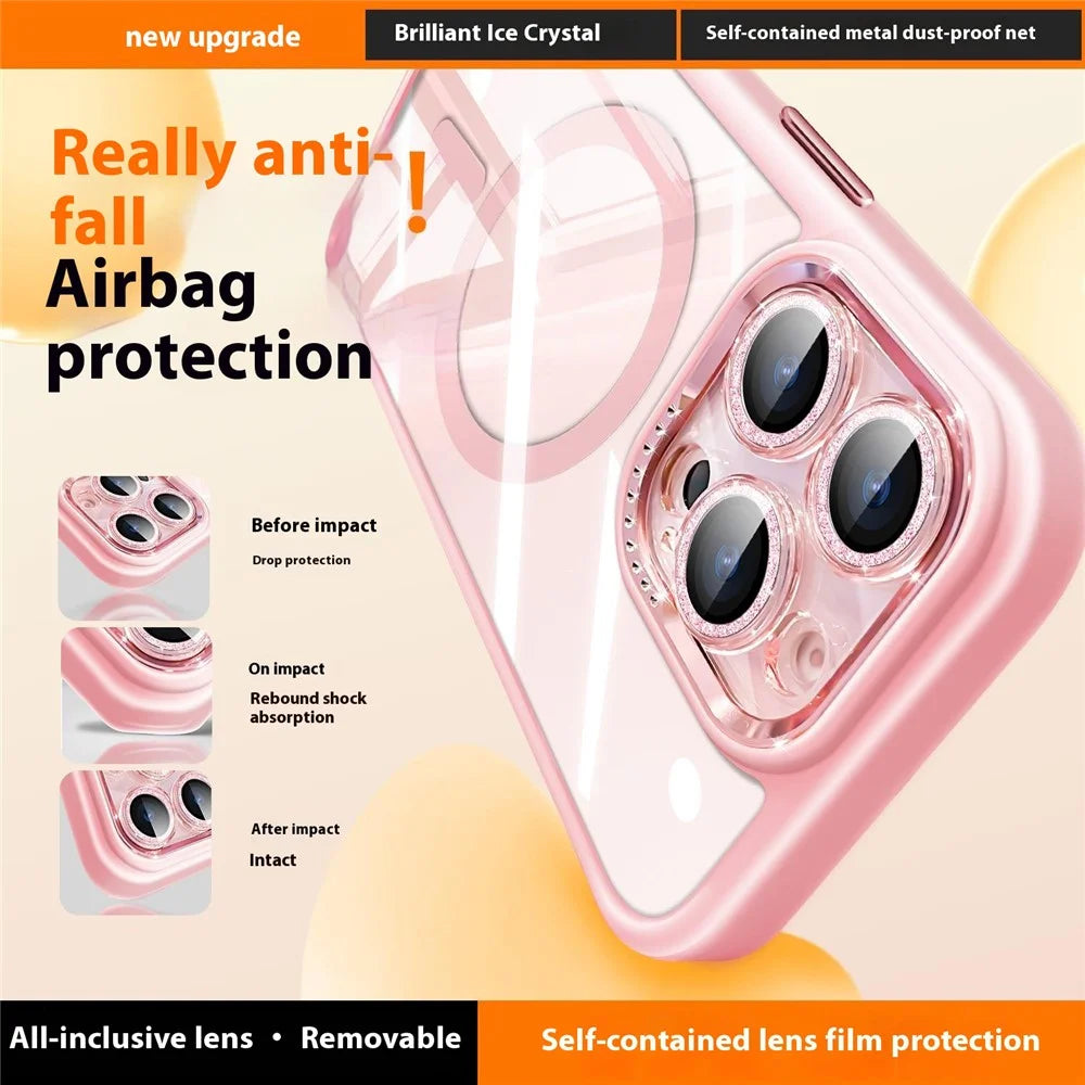 For iPhone 16 Pro Case Compatible with MagSafe PC + TPU Clear Phone Cover with Glitter Camera Lens Film - White - 3