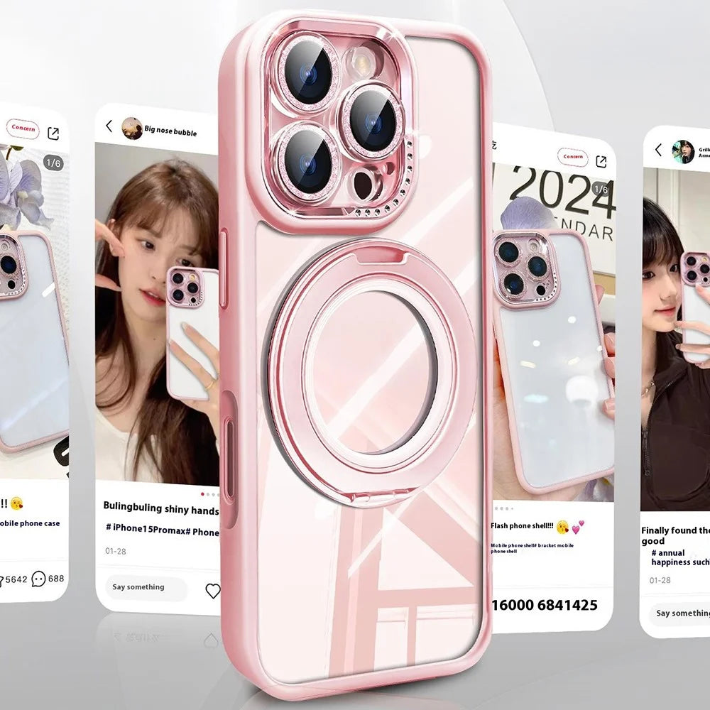 For iPhone 16 Pro Max Case Magnetic Rotating Kickstand PC + TPU Phone Cover with Glitter Camera Lens Film - Pink - 2