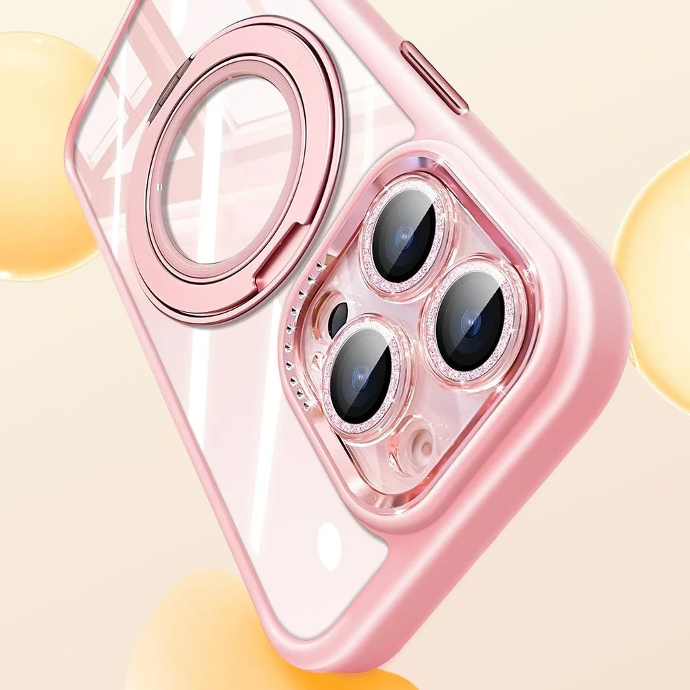 For iPhone 16 Pro Max Case Magnetic Rotating Kickstand PC + TPU Phone Cover with Glitter Camera Lens Film - Pink - 3