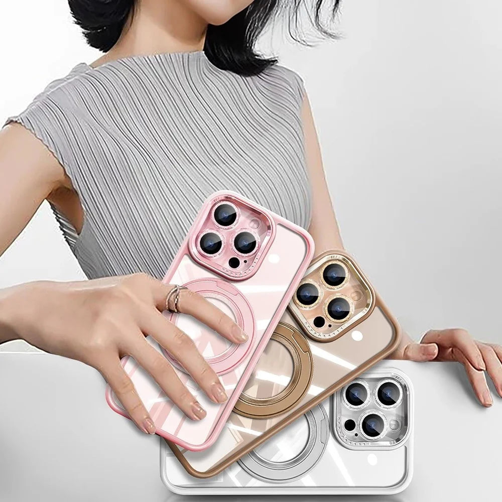 For iPhone 16 Pro Max Case Magnetic Rotating Kickstand PC + TPU Phone Cover with Glitter Camera Lens Film - Pink - 5