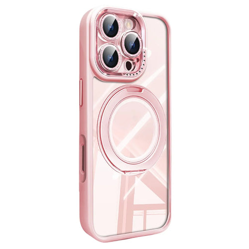 For iPhone 16 Pro Case Magnetic Rotating Kickstand PC + TPU Phone Cover with Glitter Camera Lens Film - Pink - 1
