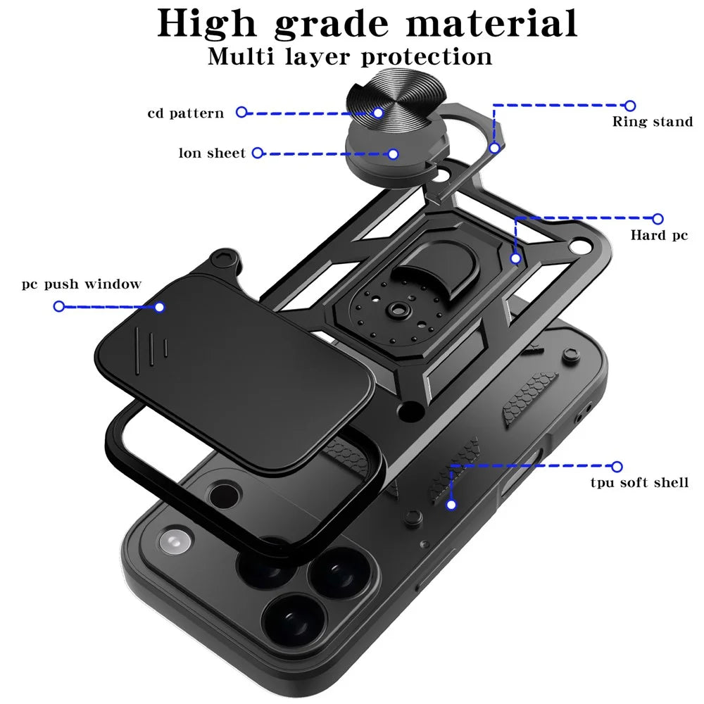 For iPhone 17 Pro Case with Slide Camera Lid PC + TPU Kickstand Phone Cover - Black - 7