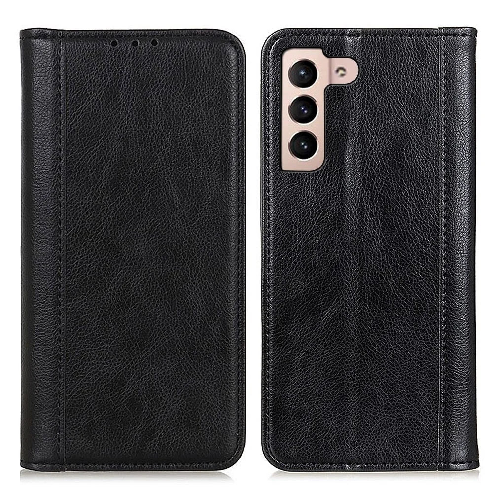 For Samsung Galaxy S23 Anti-scratch Phone Case Split Leather Litchi Texture Wallet Auto Closing Magnetic Cell Phone Cover with Stand - Black - 1