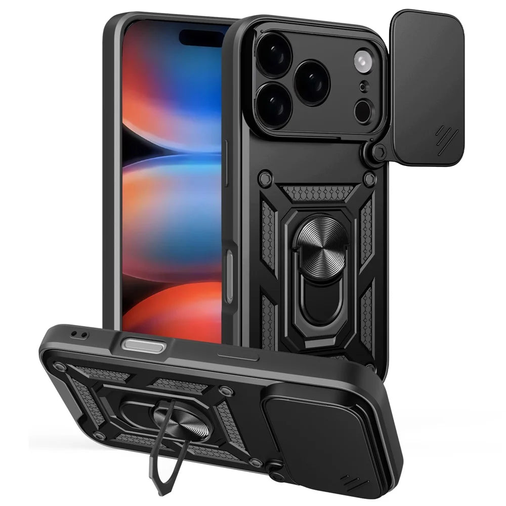 For iPhone 17 Pro Max Case with Slide Camera Lid PC + TPU Kickstand Phone Cover - Black - 1