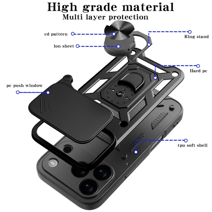 For iPhone 17 Pro Max Case with Slide Camera Lid PC + TPU Kickstand Phone Cover - Black - 7