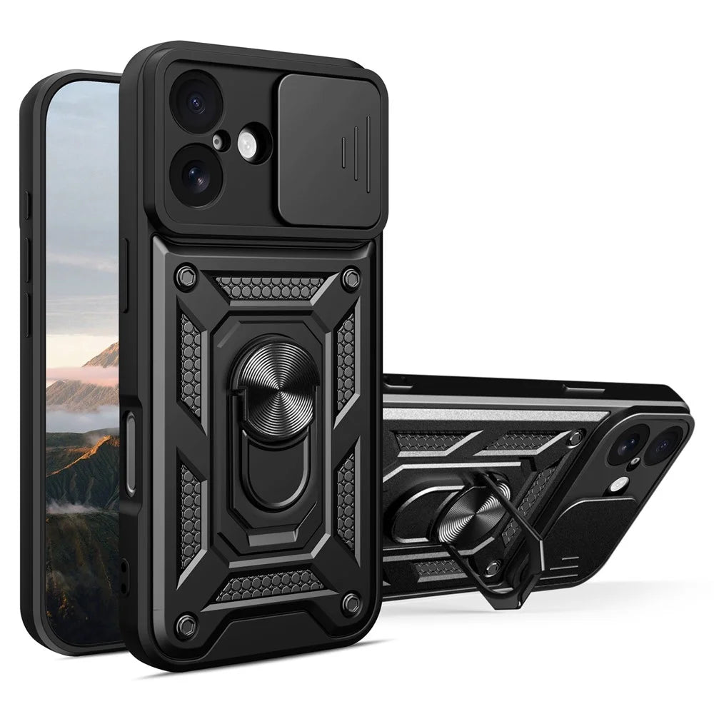 For iPhone 17 Case with Slide Camera Lid PC + TPU Kickstand Phone Cover - Black - 1