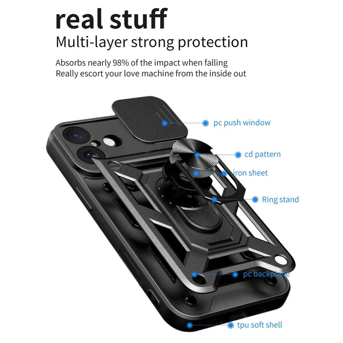 For iPhone 17 Case with Slide Camera Lid PC + TPU Kickstand Phone Cover - Black - 2