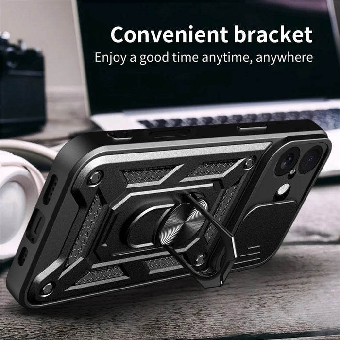For iPhone 17 Case with Slide Camera Lid PC + TPU Kickstand Phone Cover - Black - 4