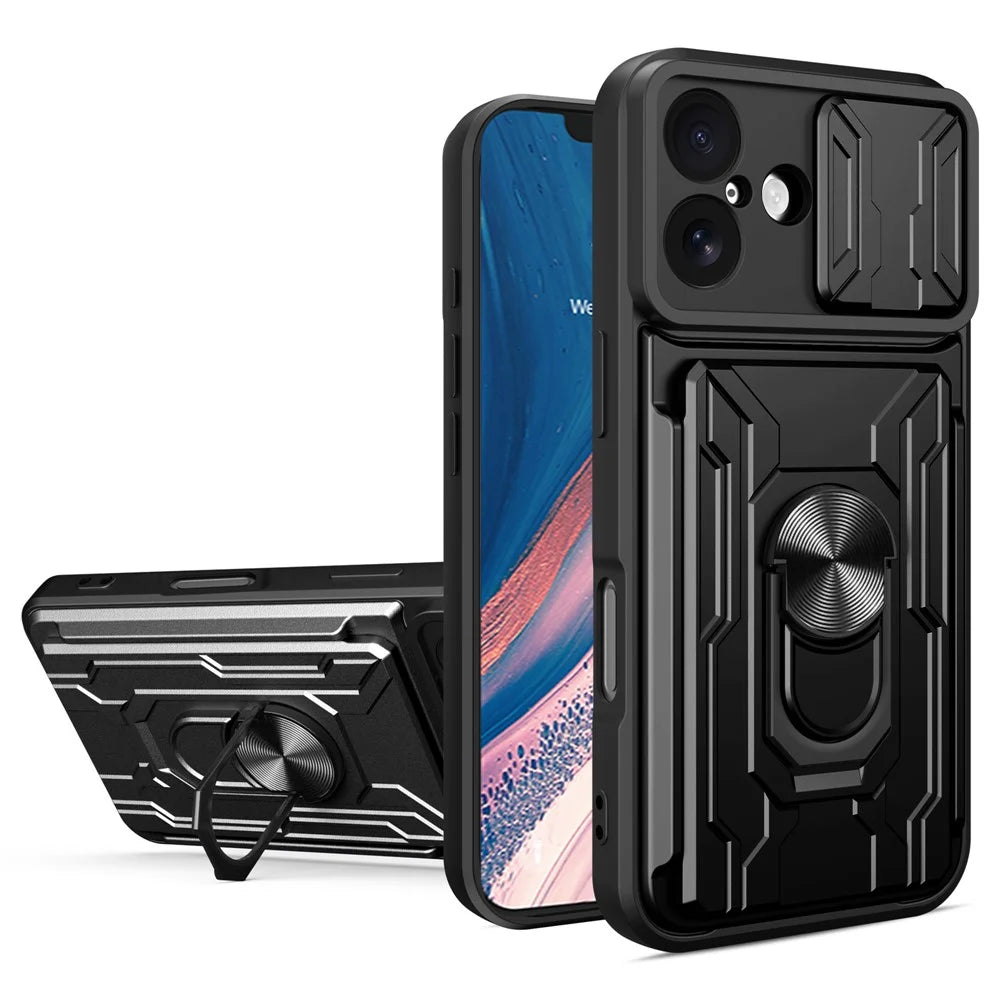 For iPhone 17 Case PC + TPU Kickstand Phone Back Cover with Camera Slider - Black - 1